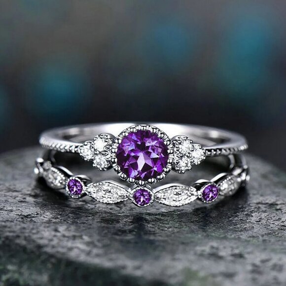 NEW 925 Sterling Silver Diamond Amethyst Ring Purple Stone Ring Set of 2 Rings